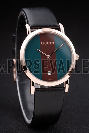 Gucci Polished Rose Gold Bezel Dark Green Dial Black Leather Strap