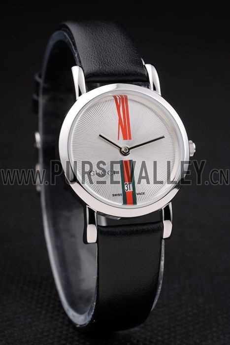 Gucci Small Polished Stainless Steel Bezel White Dial Black Leather Strap