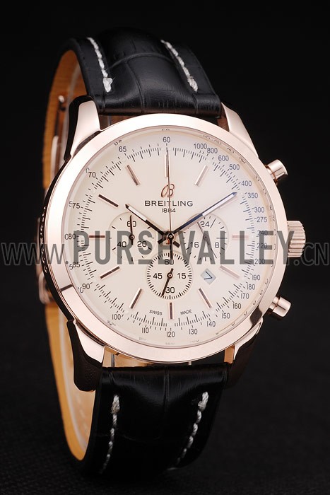 Breitling Transocean White Dial Black Leather Strap Rose Gold Bezel 98206