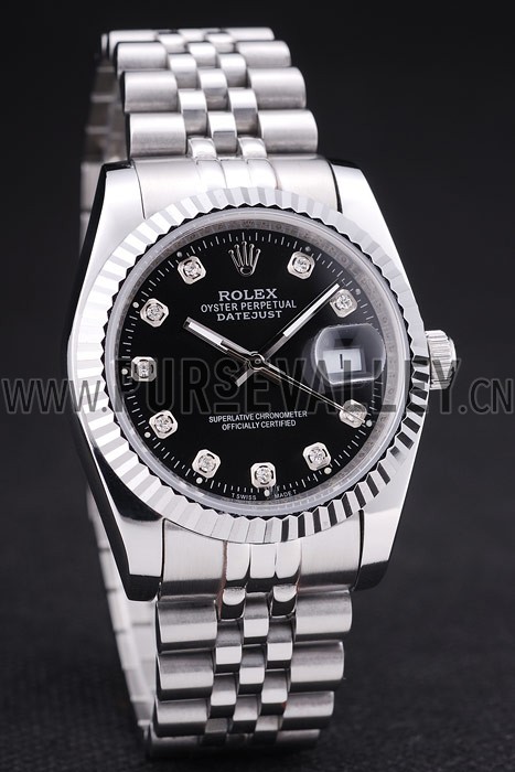 Rolex Datejust Black Dial Diamonds Ribbed Bezel 7458