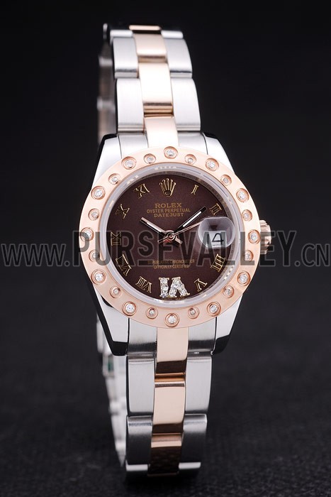 Rolex Datejust Diamonds Rose Gold Polished Bezel Brown Dial 7475