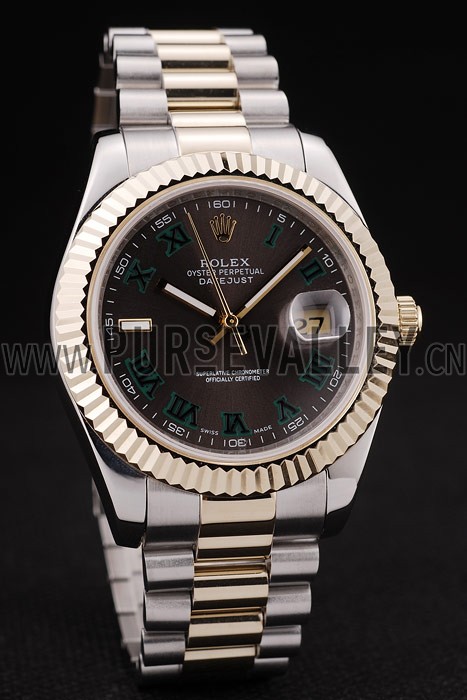 Rolex DateJust Gold Ribbed Pattern Bezel Black Dial