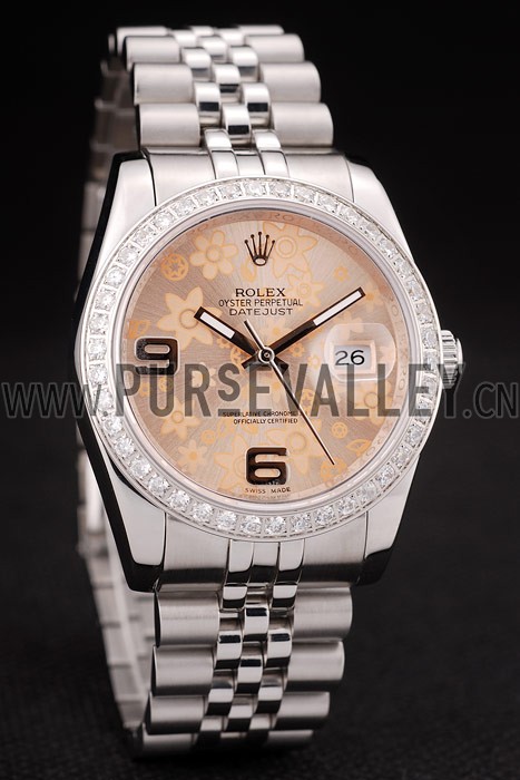 Rolex DateJust Brushed Stainless Steel Case Orange Flowers Dial Diamonds Plated