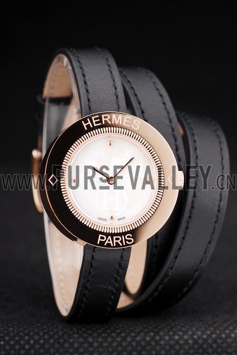 Hermes Classic MOP Dial Black Elongated Leather Strap