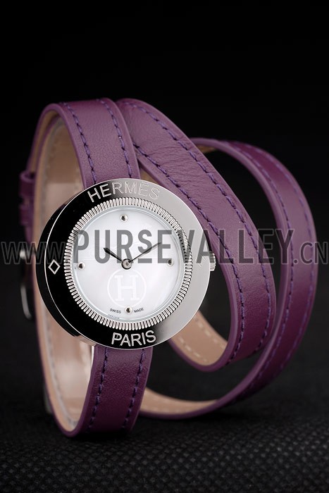 Hermes Classic MOP Dial Purple Elongated Leather Strap