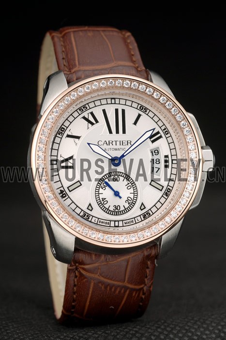 Cartier Calibre White Dial Diamonds Two Tone Case Brown Leather Bracelet