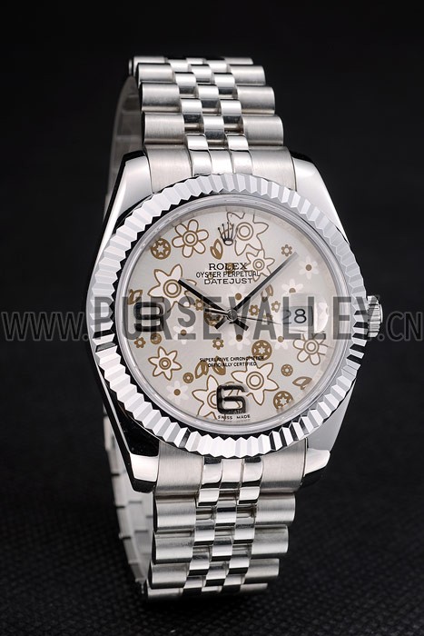 Rolex DateJust Stainless Steel Ribbed Bezel Flower Silver Dial 41983