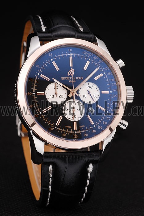 Breitling Transocean Black Dial Black Leather Strap Rose Gold Bezel 98203