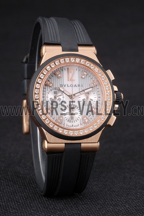 Bvlgari Diagono 36mm White Dial Gold Case With Diamonds Black Rubber Bracelet