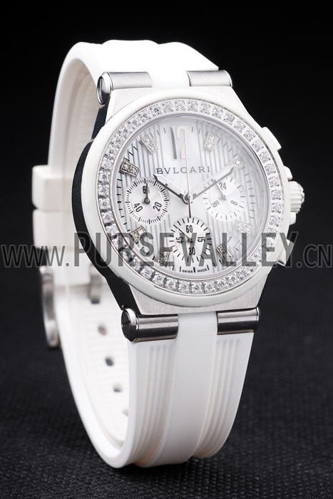 Bvlgari Diagono 36mm White Dial Stainless Steel Case With Diamonds White Rubber Bracelet