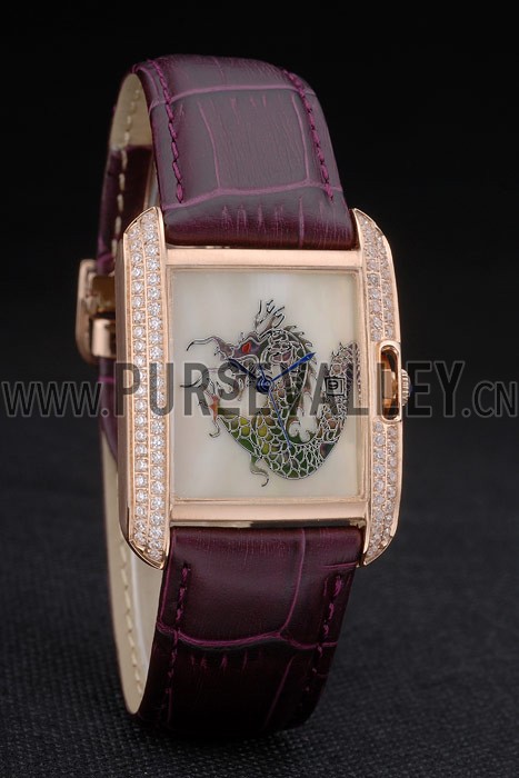 Cartier Tank Anglaise White Dragon Dial Diamonds Gold Case Purple Leather Bracelet