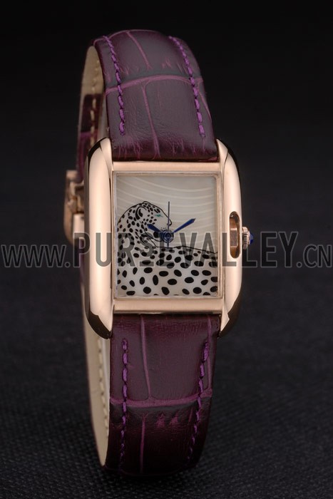 Cartier Tank Anglaise White Tiger Dial Gold Case Purple Leather Bracelet
