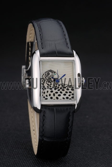 Cartier Tank Anglaise White Tiger Dial Stainless Steel Case Black Leather Bracelet