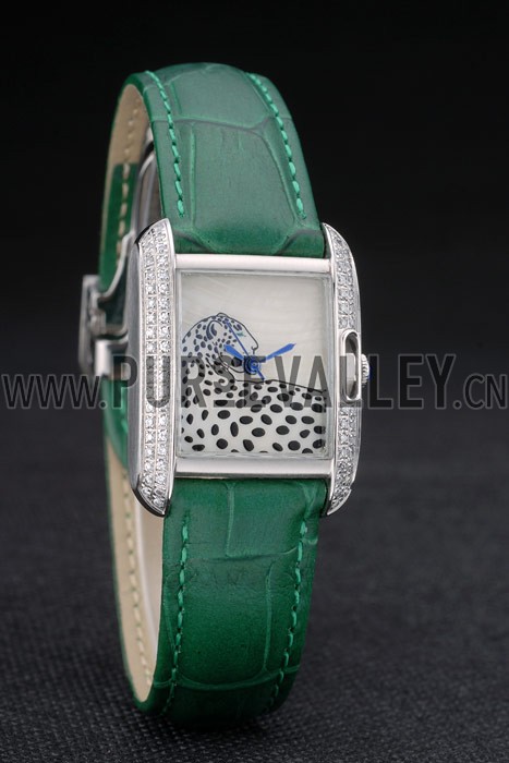 Cartier Tank Anglaise White Tiger Dial Diamonds Steel Case Green Leather Bracelet