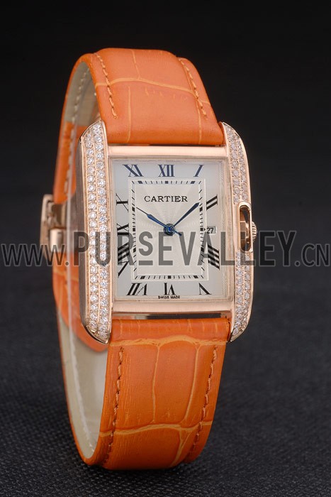 Cartier Tank Anglaise 30mm White Dial Diamonds Gold Case Orange Leather Bracelet