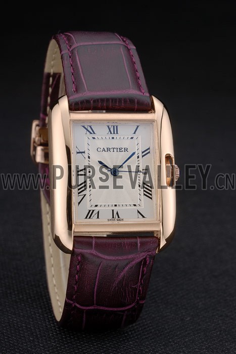 Cartier Tank Anglaise 30mm White Dial Gold Case Purple Leather Bracelet