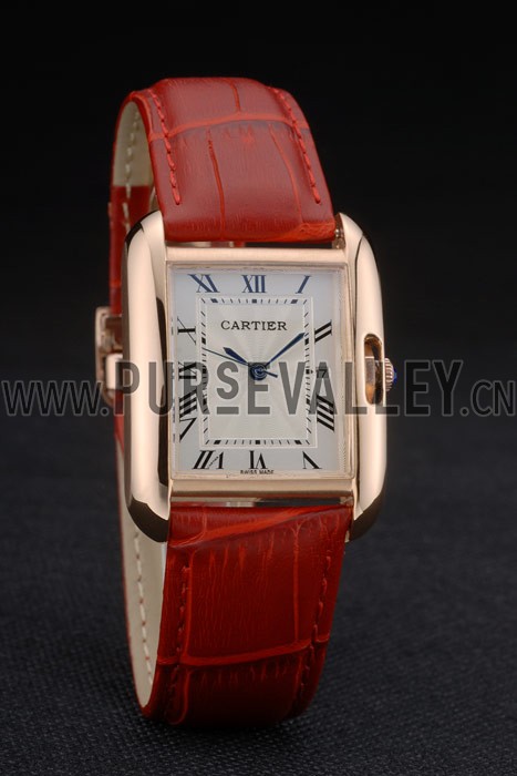 Cartier Tank Anglaise 30mm White Dial Gold Case Red Leather Bracelet