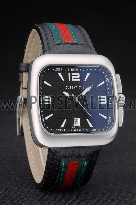 Gucci Black Leather Strap Polished Stainless Steel Bezel Black Dial 80216