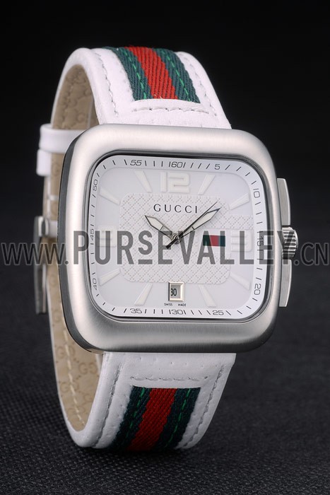 Gucci White Leather Strap Polished Stainless Steel Bezel White Dial 80218