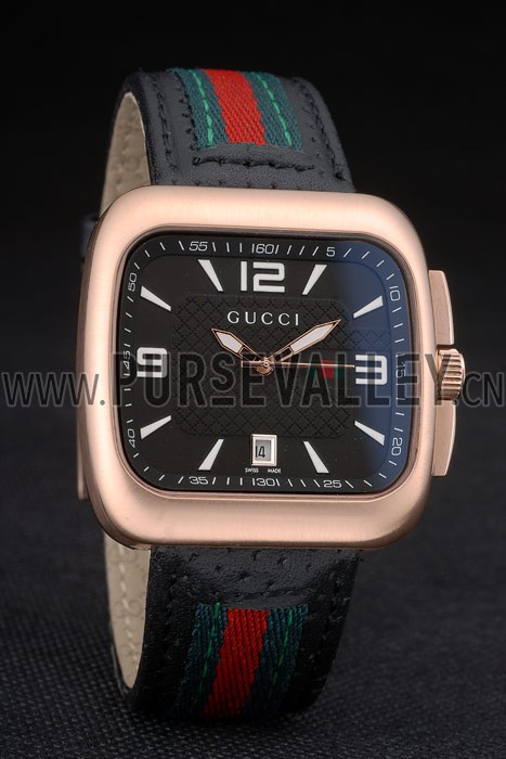 Gucci Black Leather Strap Rose Gold Bezel Black Dial 80222