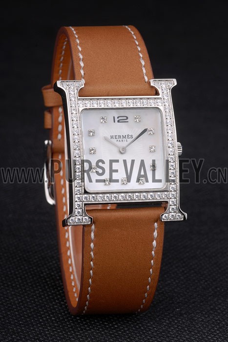 Hermes Heure H Stainless Steel Diamond Encrusted Bezel Tan Leather Strap White Dial 80232