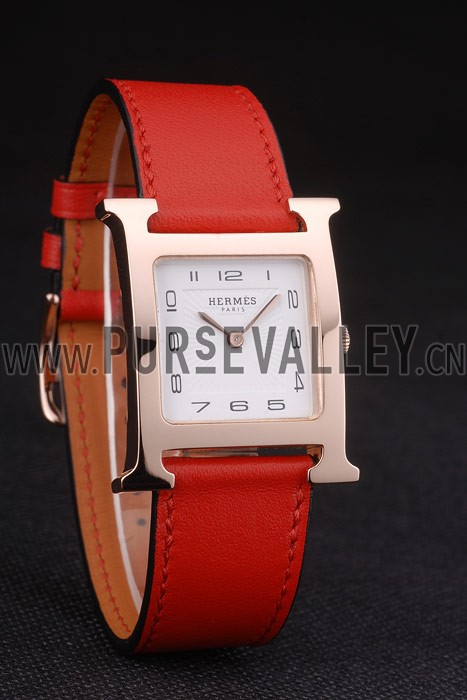 Hermes Heure H Rose Gold Bezel Red Leather Strap White Dial 80233