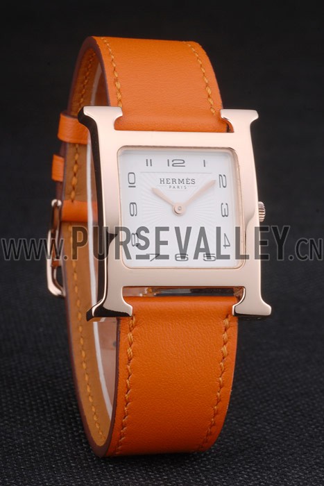 Hermes Heure H Rose Gold Bezel Orange Leather Strap White Dial 80234