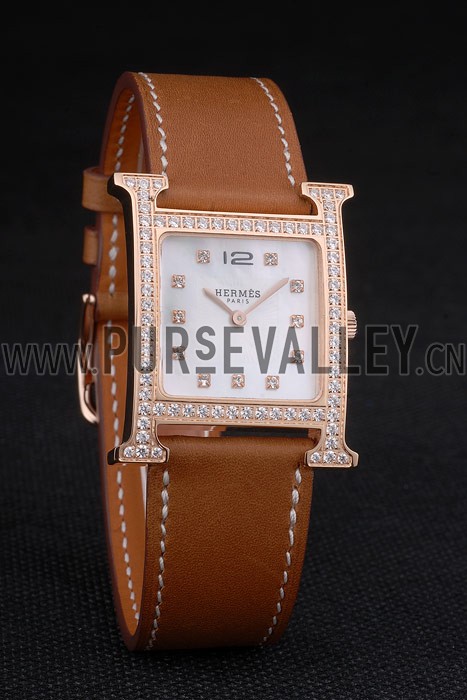 Hermes Heure H Rose Gold Diamond Encrusted Bezel Tan Leather Strap White Dial 80236
