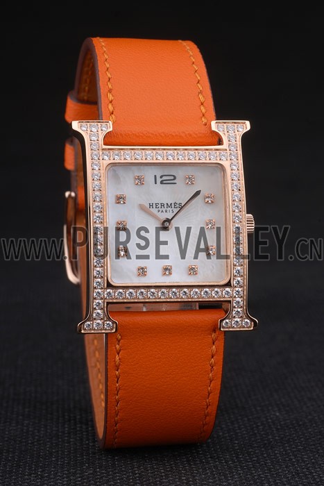 Hermes Heure H Rose Gold Diamond Encrusted Bezel Orange Leather Strap White Dial 80237