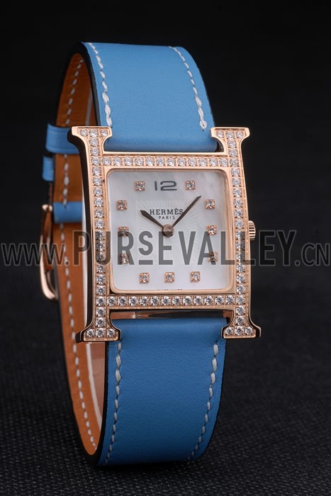 Hermes Heure H Rose Gold Diamond Encrusted Bezel Blue Leather Strap White Dial 80238