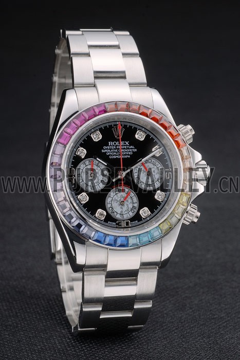 Rolex Daytona Cosmograph Rainbow Crystals Bezel Stainless Steep Strap Black Dial 80250