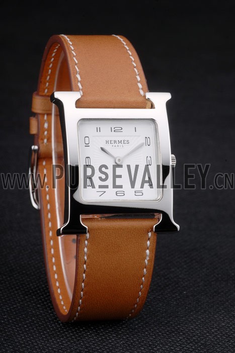 Hermes Heure H Stainless Steel Polished Bezel Tan Leather Strap White Dial 80230
