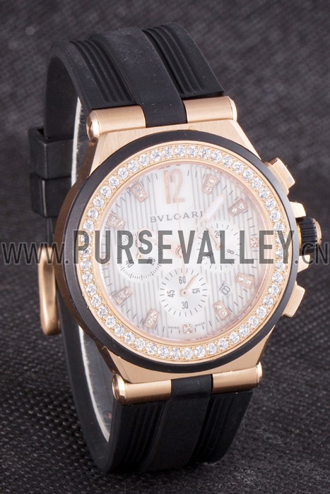 Bvlgari Diagono 40mm White Dial Gold Case With Diamonds Black Rubber Bracelet