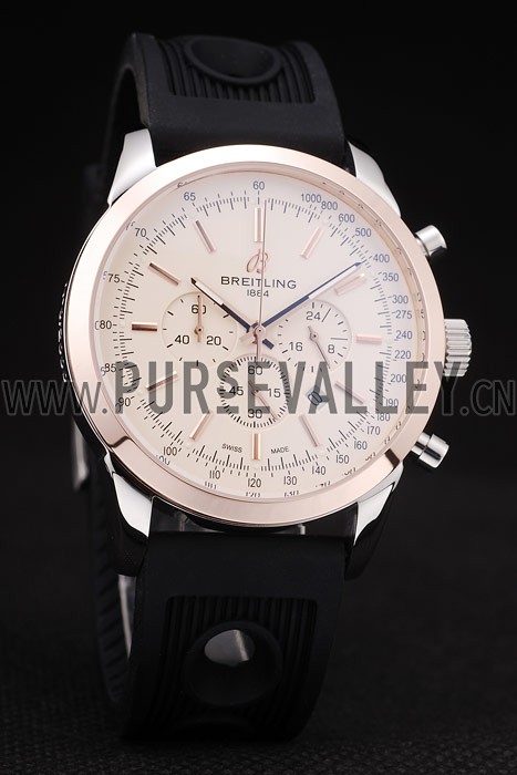 Breitling Transocean White Dial Black Rubber Strap Rose Gold Bezel