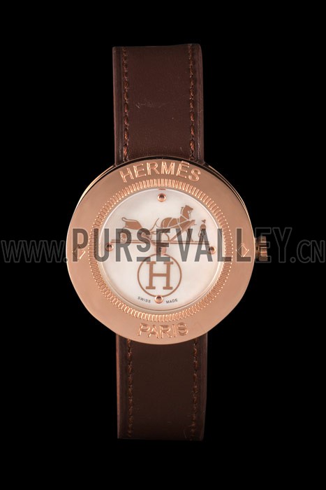 Hermes Classic MOP Dial Brown Leather Bracelet 801389