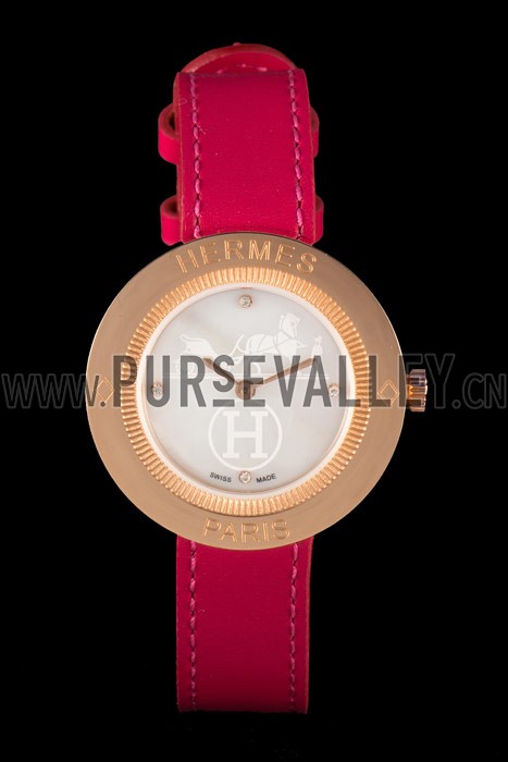Hermes Classic MOP Dial Magenta Leather Bracelet 801388