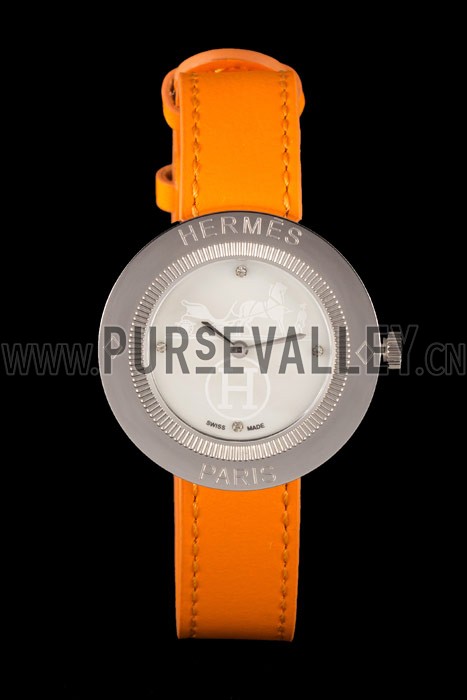 Hermes Classic MOP Dial Orange Leather Bracelet 801390