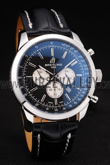 Breitling Transocean Black Dial Black Leather Strap Polished Stainless Steel Bezel