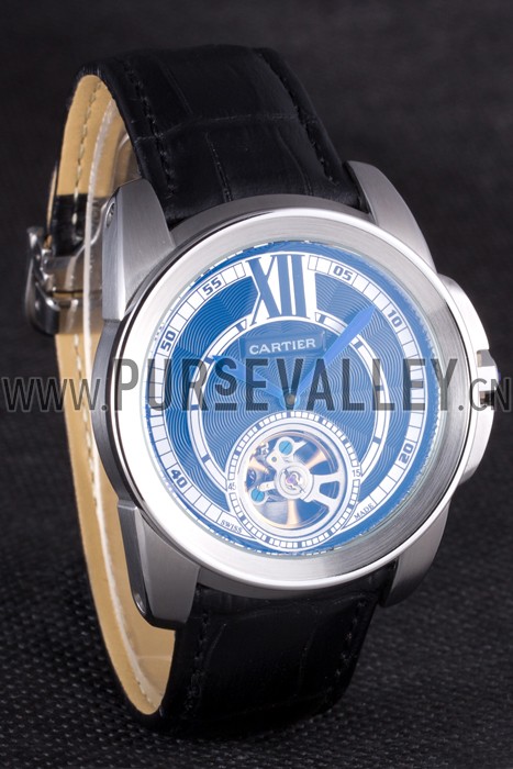 Cartier Calibre Flying Tourbillon Black Dial Stainless Steel Case Black Leather Bracelet