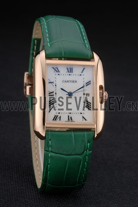 Cartier Tank Anglaise 30mm White Dial Gold Case Green Leather Bracelet