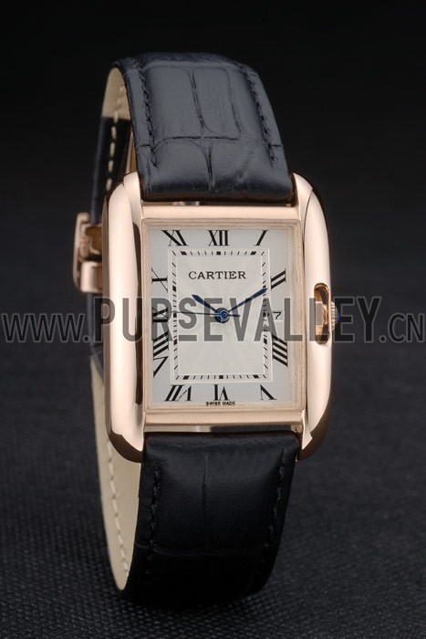 Cartier Tank Anglaise 30mm White Dial Gold Case Black Leather Bracelet