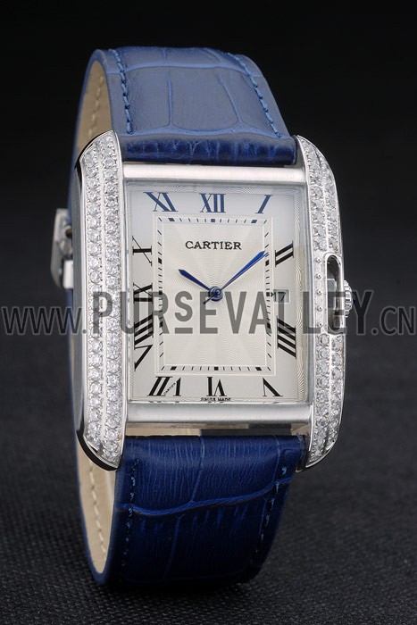 Cartier Tank Anglaise 36mm White Dial Diamonds Steel Case Blue Leather Bracelet