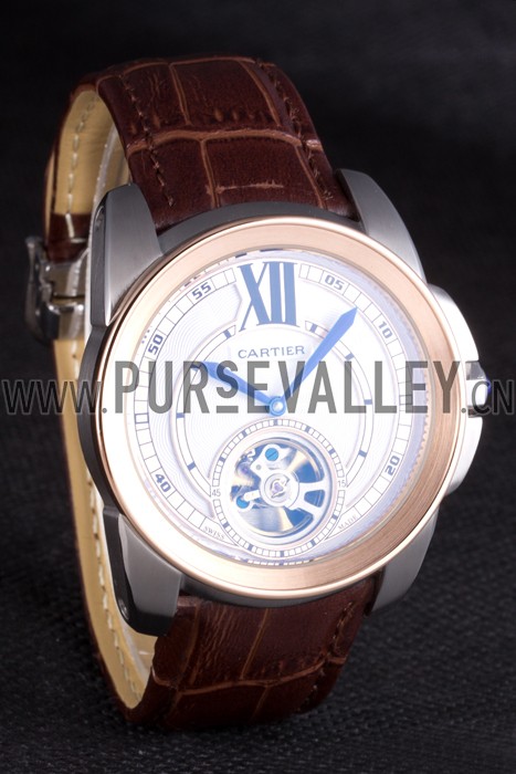 Cartier Calibre Flying Tourbillon White Dial Two Tone Case Brown Leather Bracelet