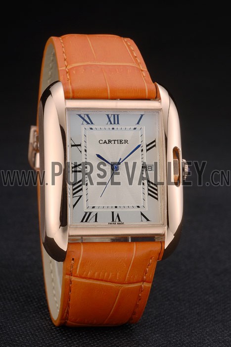 Cartier Tank Anglaise 36mm White Dial Gold Case Orange Leather Bracelet