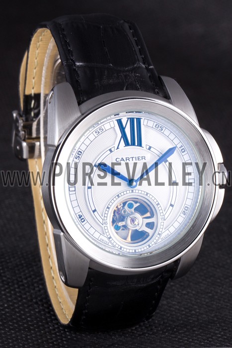 Cartier Calibre Flying Tourbillon White Dial Stainless Steel Case Black Leather Bracelet
