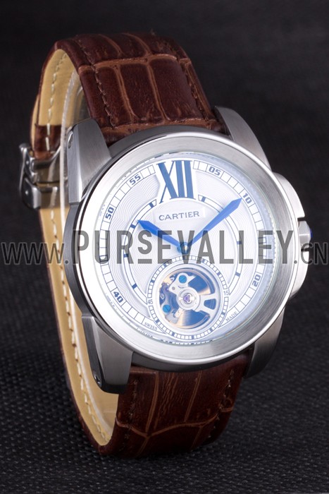 Cartier Calibre Flying Tourbillon White Dial Stainless Steel Case Brown Leather Bracelet