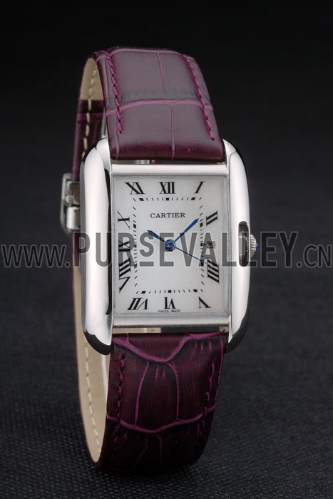Cartier Tank Anglaise 30mm White Dial Stainless Steel Case Purple Leather Bracelet