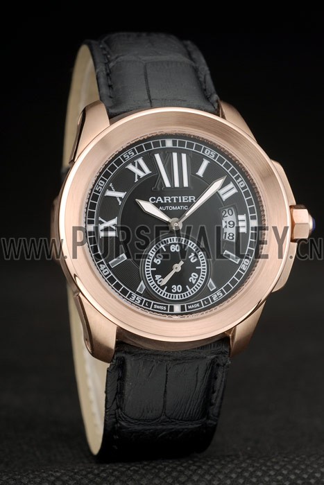 Cartier Calibre Black Dial Gold Case Black Leather Bracelet
