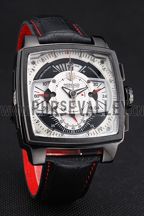 Tag Heuer Monaco Black-Red Perforated Leather Strap White Dial 80307