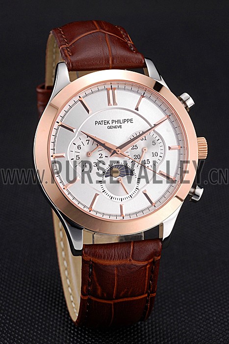 Patek Philippe Moonphase Chronograph White Dial Gold Case Brown Leather Strap 622843